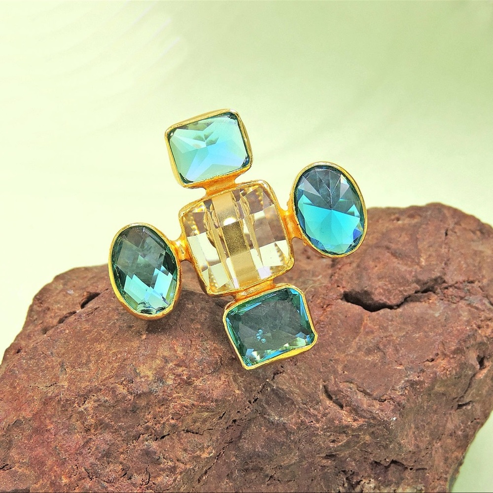 Gold-Plated Blue Crystal Statement Ring - Blue and Champagne